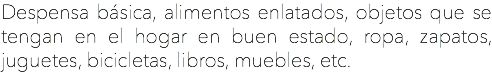 Despensa básica, alimentos enlatados, objetos que se tengan en el hogar en buen estado, ropa, zapatos, juguetes, bicicletas, libros, muebles, etc.